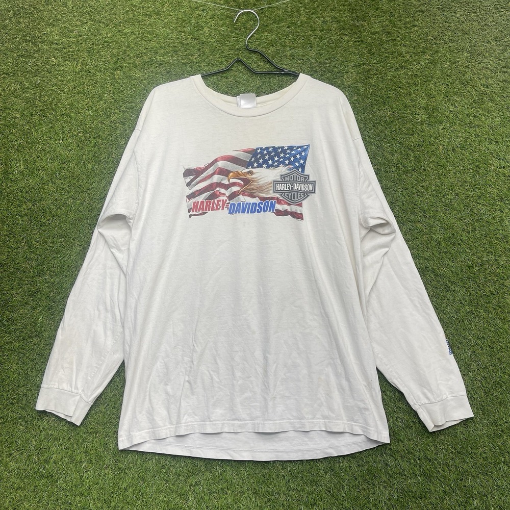 Vintage Harley Davidson Shirt Mens XL USA Flag Long Sleeve Grunge Y2K Riding